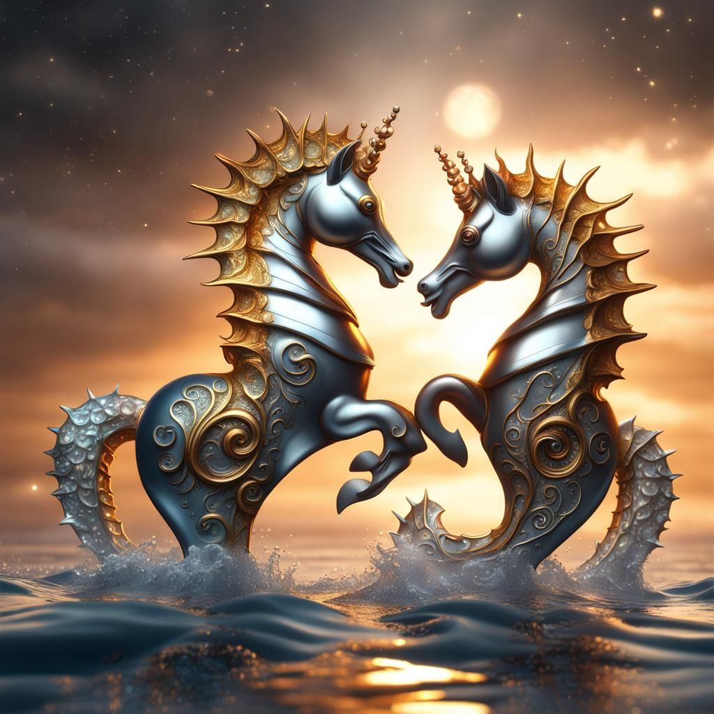 Angelic Seahorses with Halos and Stars