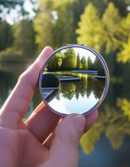 Hand Holding Mirror Reflecting Parallel Universe