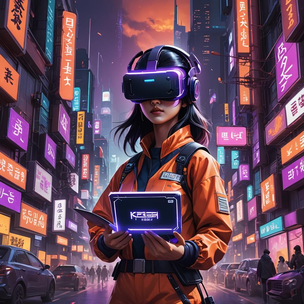 Korean Woman in VR Helmet in Sci-Fi City