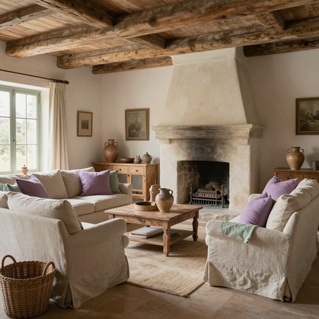 Elegant French Country Living Room with Stone Fireplace