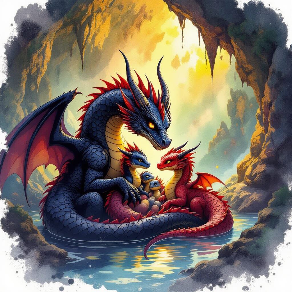 Dragon Family Cuddle in Watercolor Ink Style