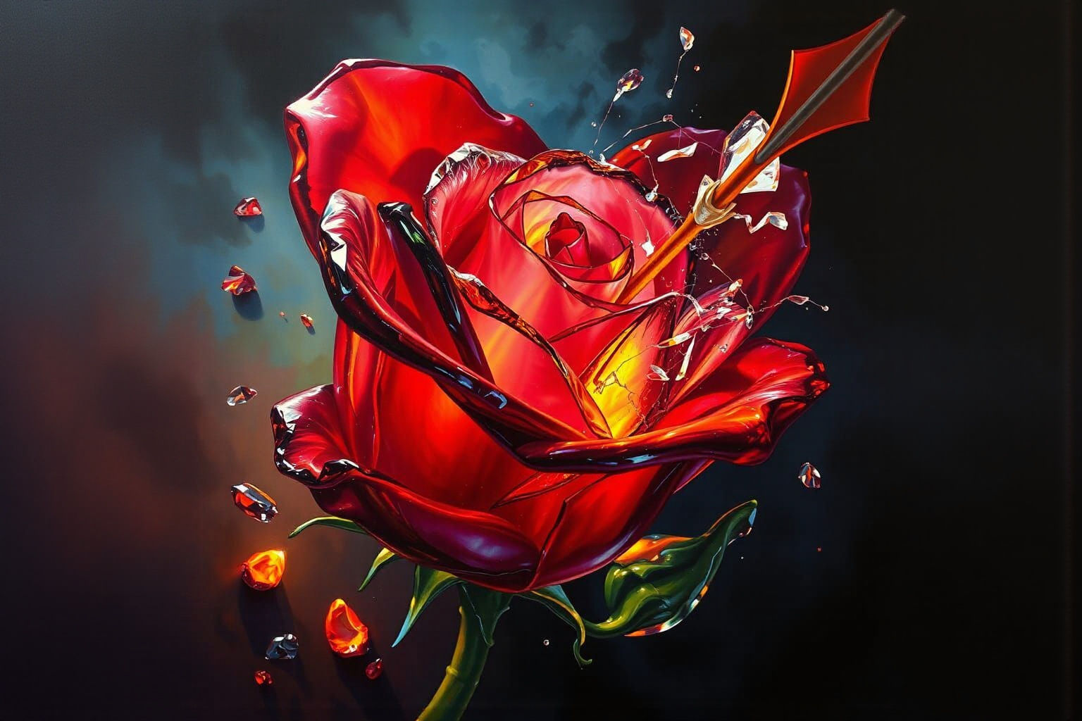 Shattering Glass Rose in Dramatic Surreal Lighting
