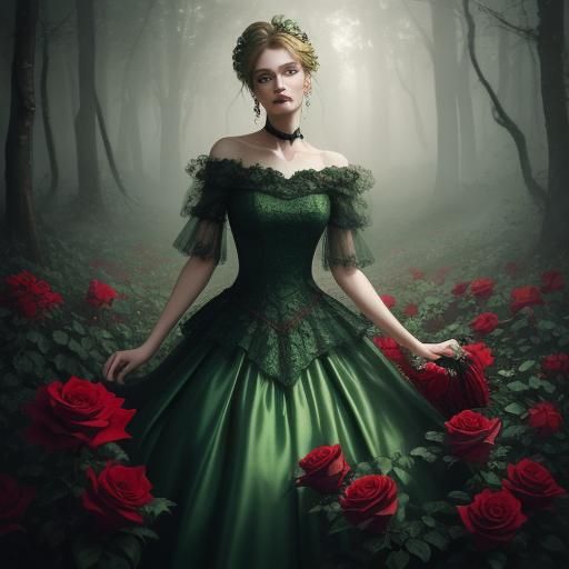 Woman with Rose in Misty Forest, Oil Painting Style
