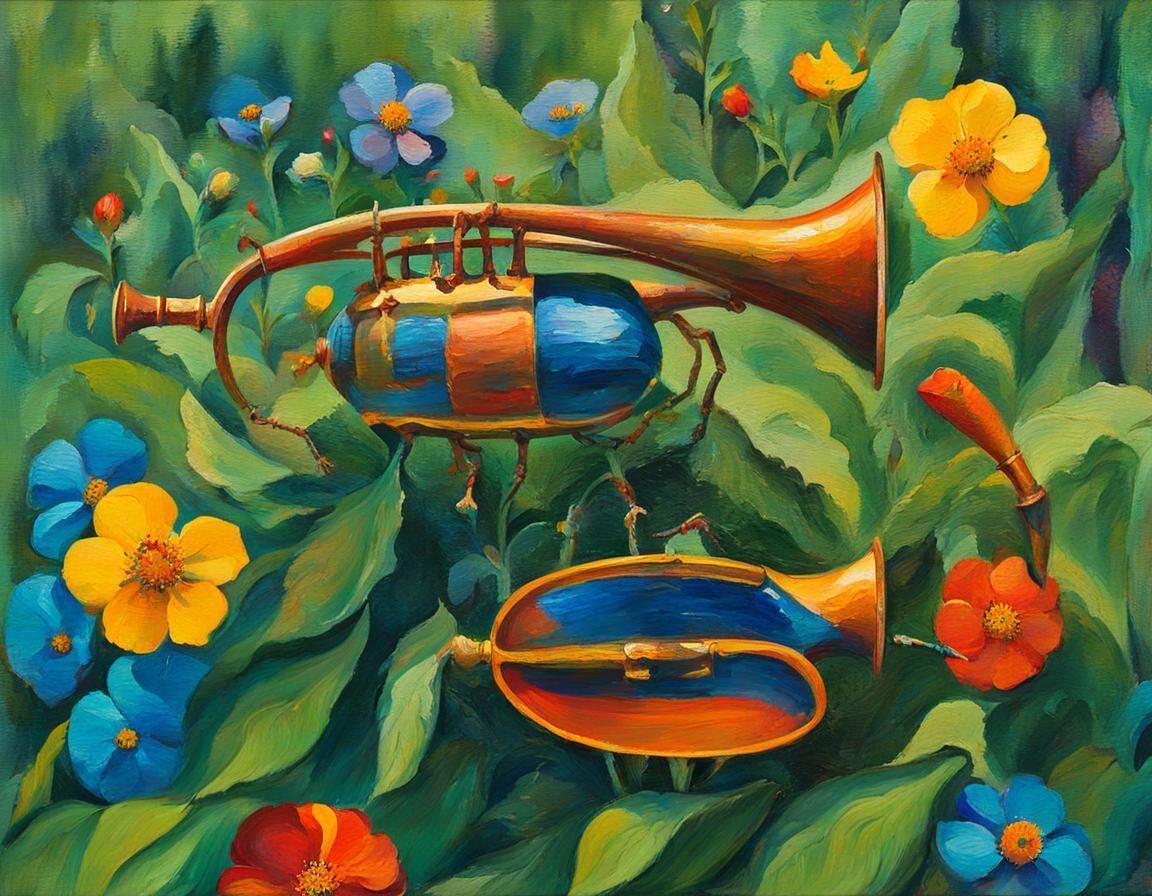 Beetle's Garden Serenade as Expressionist Gouache Art