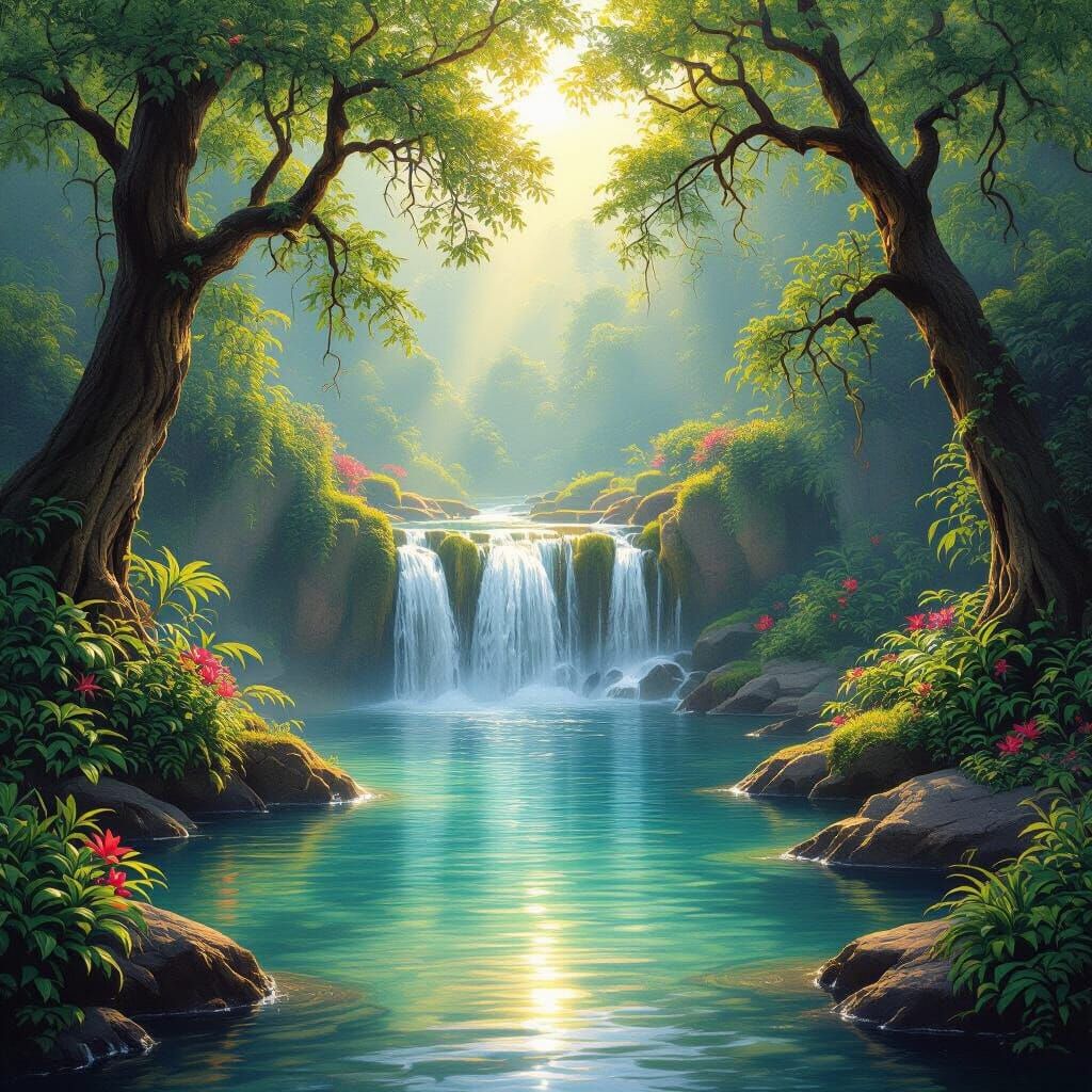 Luminous Waterfall Scene in Hyperrealistic Style