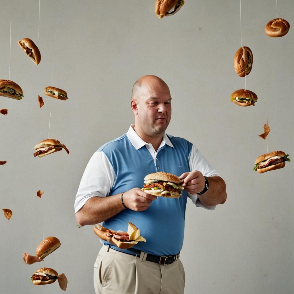 Bald Man Enjoying a Turkey Sandwich