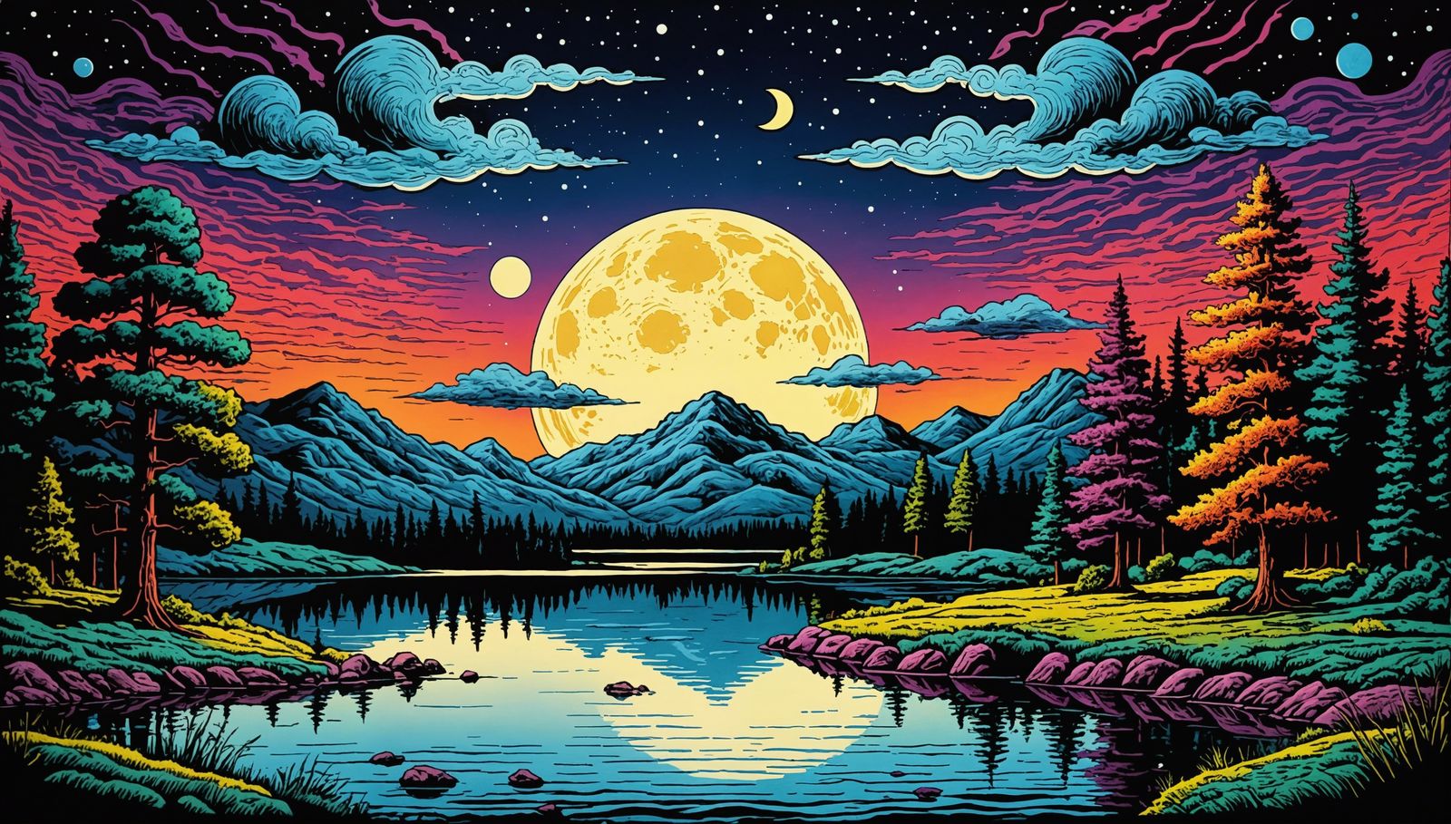 Psychedelic Moonlit Lake Landscape
