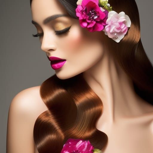 Woman in Blossoms with Gold Geometric Accents