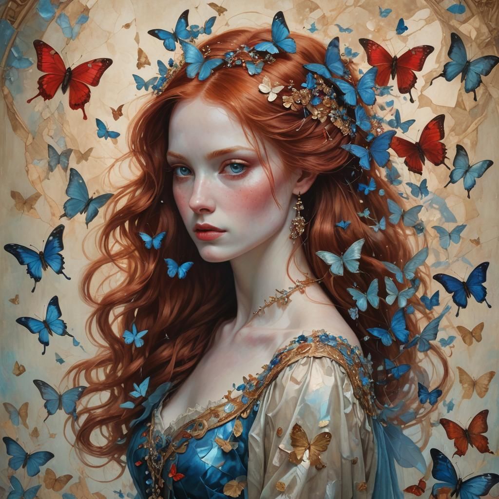 Red-Haired Woman with Butterflies, Baroque Portrait