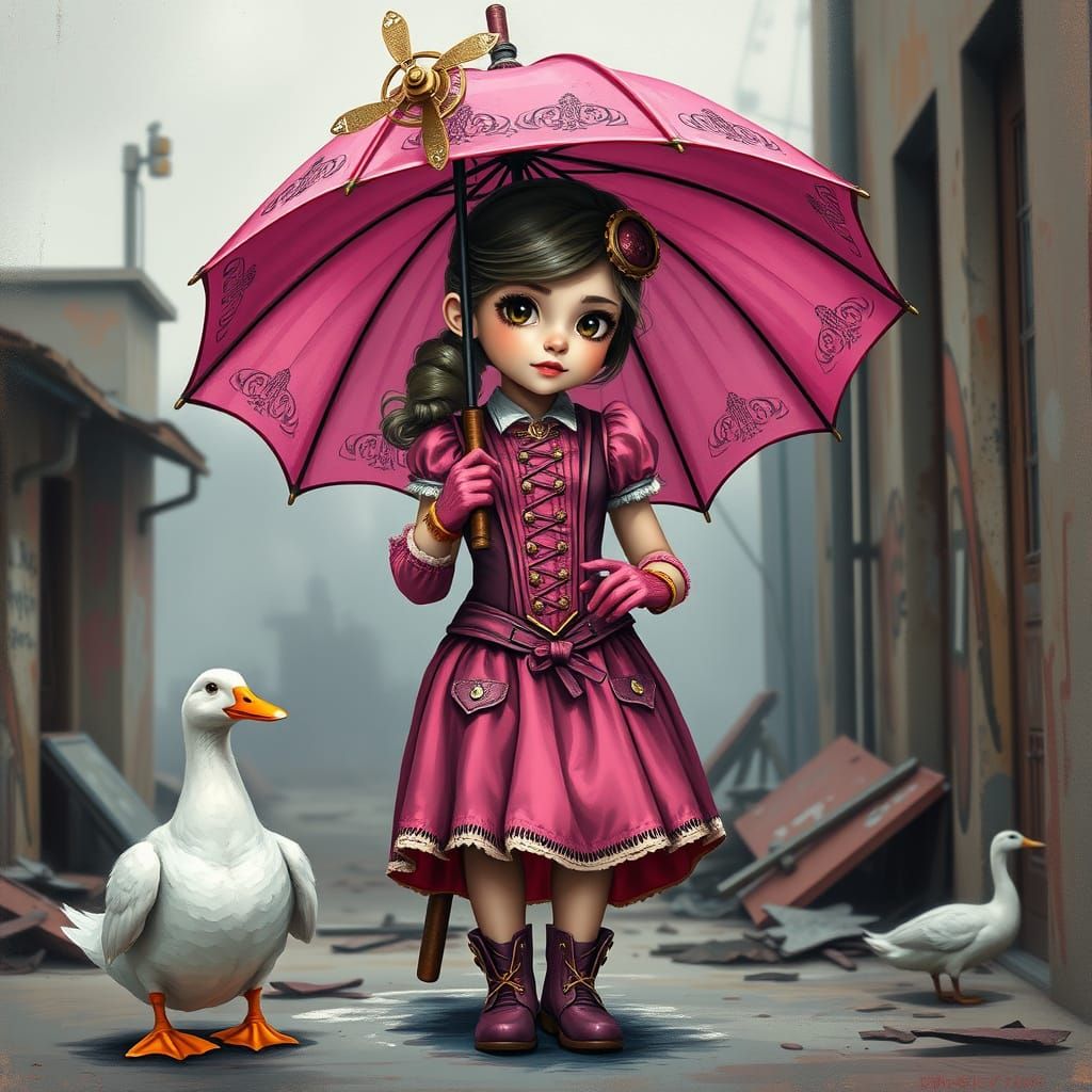 Steampunk Girl in Pink Corset Holds Propeller Umbrella