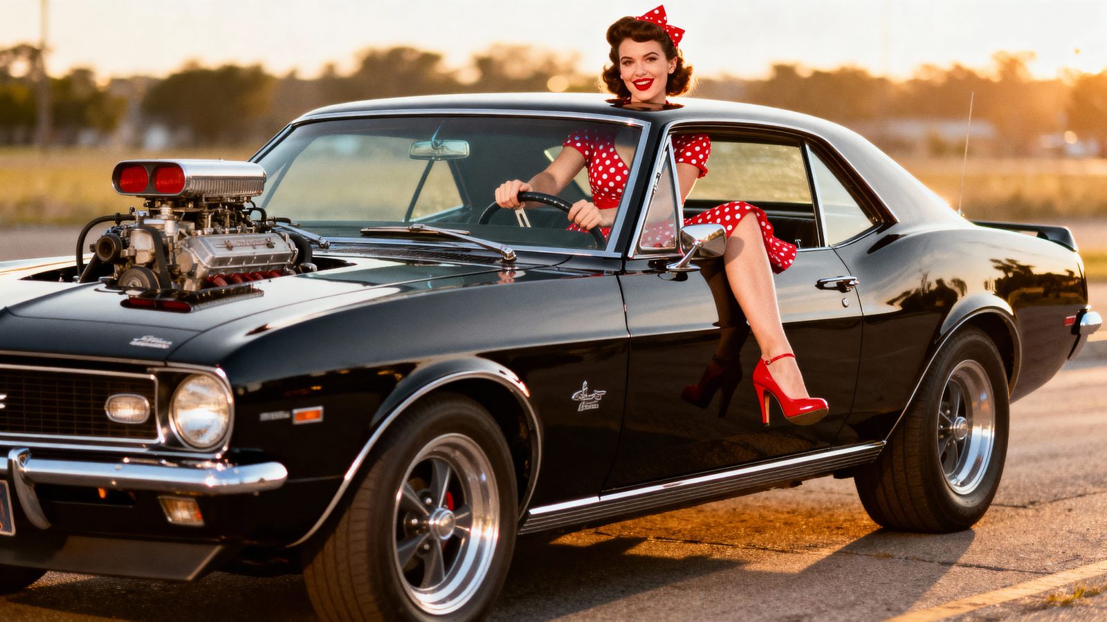 Pin-Up Woman Drives Classic American Muscle Car