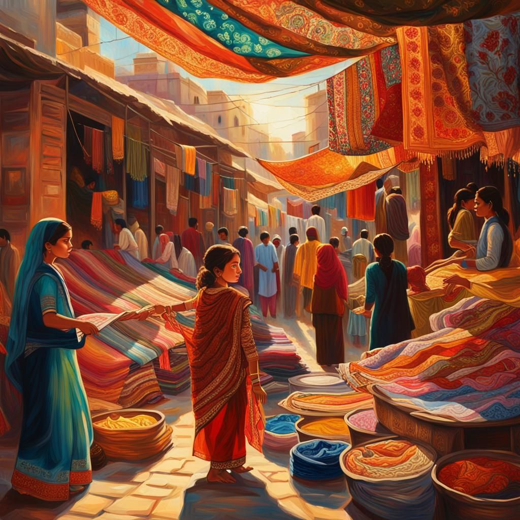 Pakistani Bazaar Scene: Impasto Oil Painting of Mother and D...