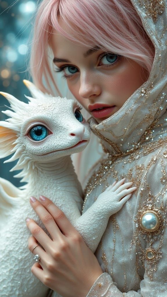 Ethereal Woman with Dragon in Outer Space