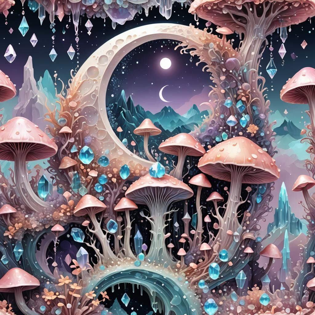 Crystal Mushrooms and Moon in Pastel Goth Style