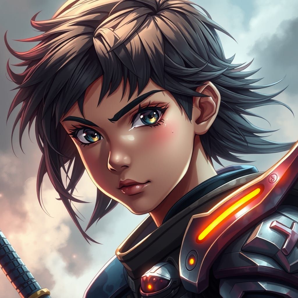 Hyper-Realistic Anime Warrior in Futuristic Armor
