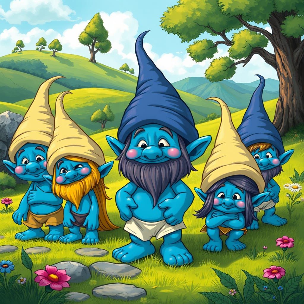 Whimsical Blue Skinned Half Elves in Smurf Hats