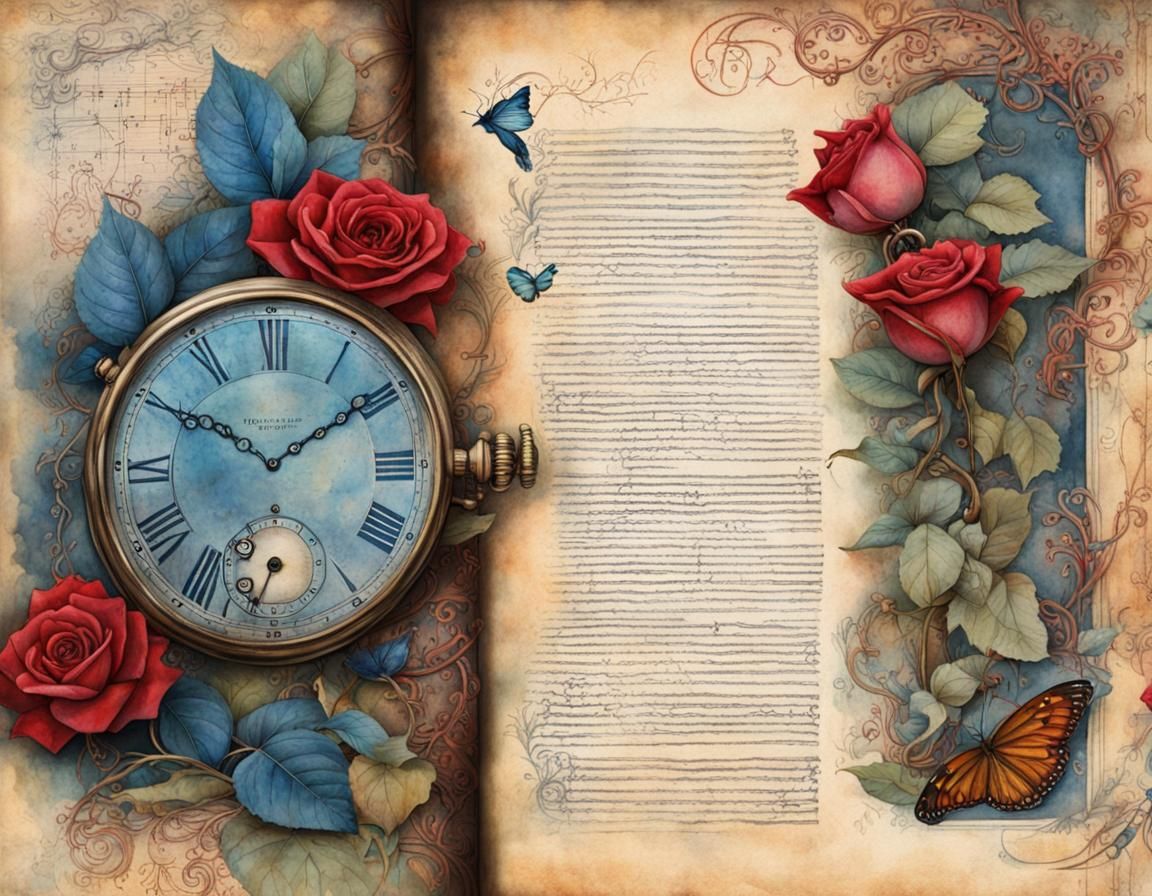 Red and Blue Roses on Musical Journal Page