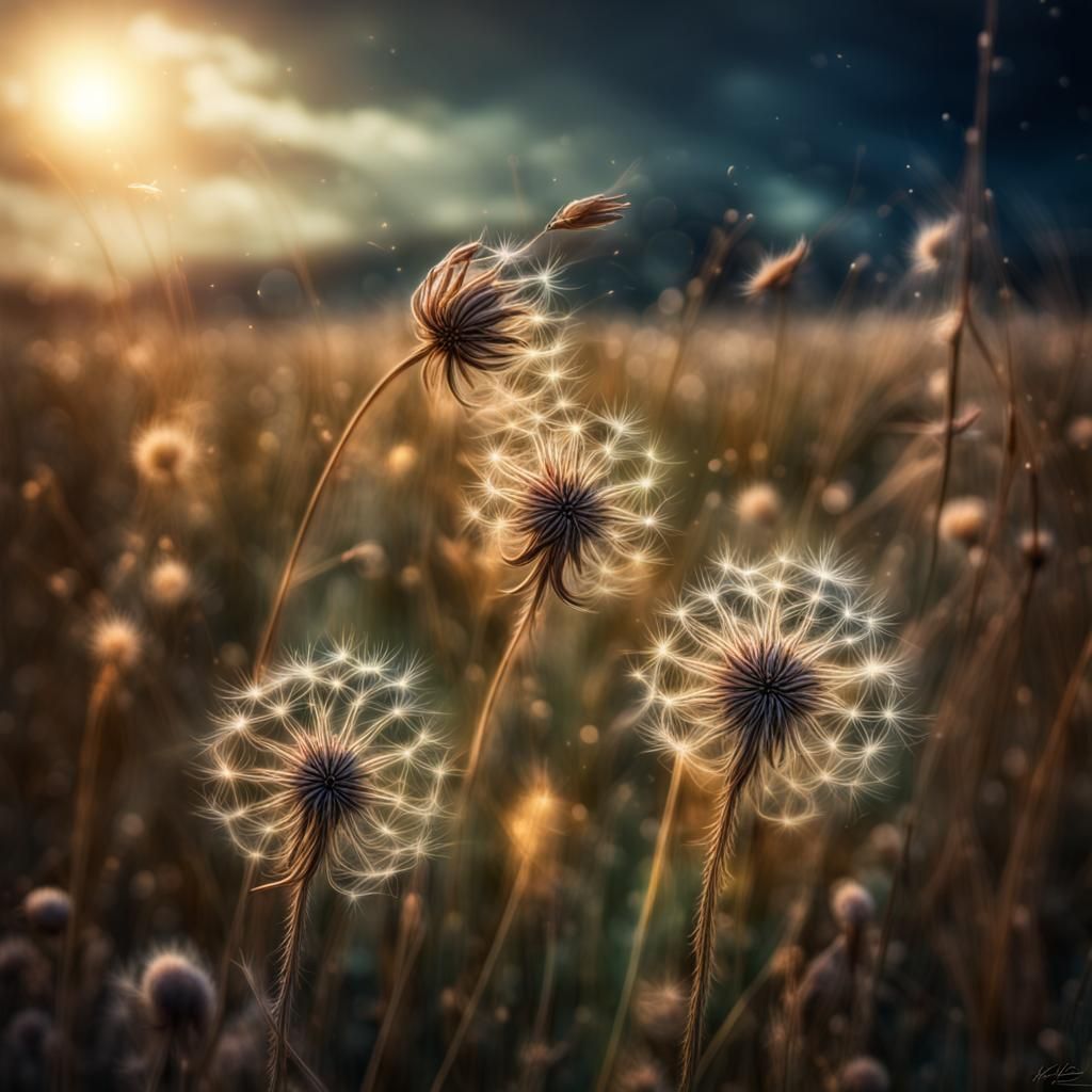 Cosmic Seeds on Meadow Breeze: Hyperrealistic Fantasy