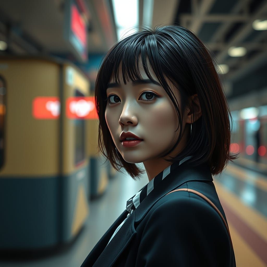 Lonely Japanese Businesswoman at Subway Station Portrait