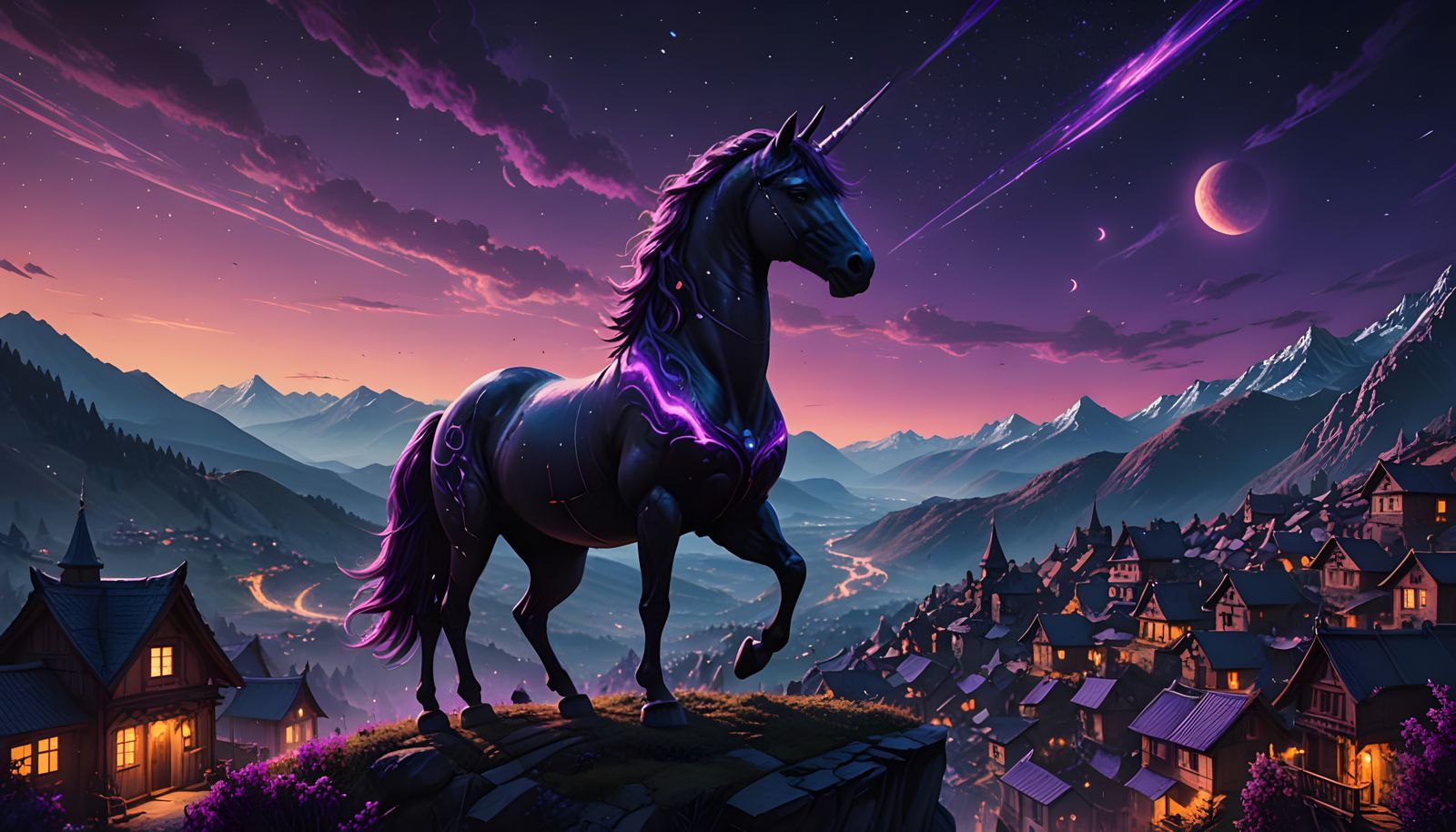 Majestic Dark Unicorn in a Ninja Village