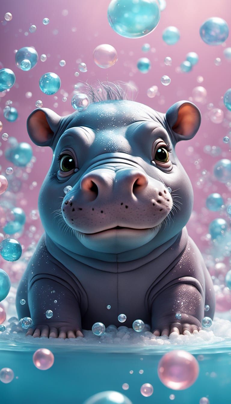 Chubby Hippo in Whimsical Bubble Bath Scene, Rendered in Stu...