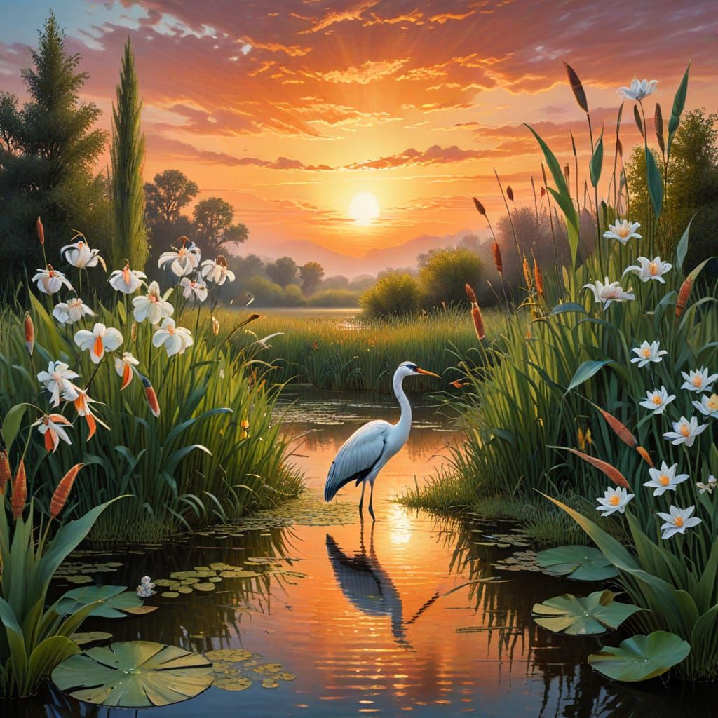 Dreamy Lily Pond with Crane at Sunset