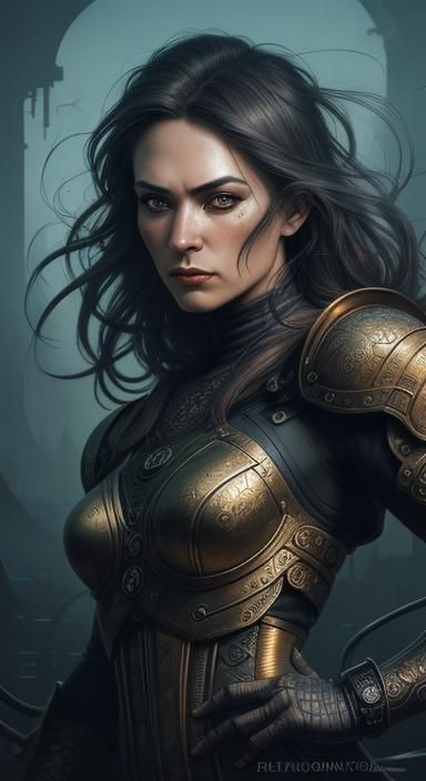 Atompunk graphic novel art. Medium shot. Chibi-inspired pin-up model with exaggerated curves, surrounded by intricate in...