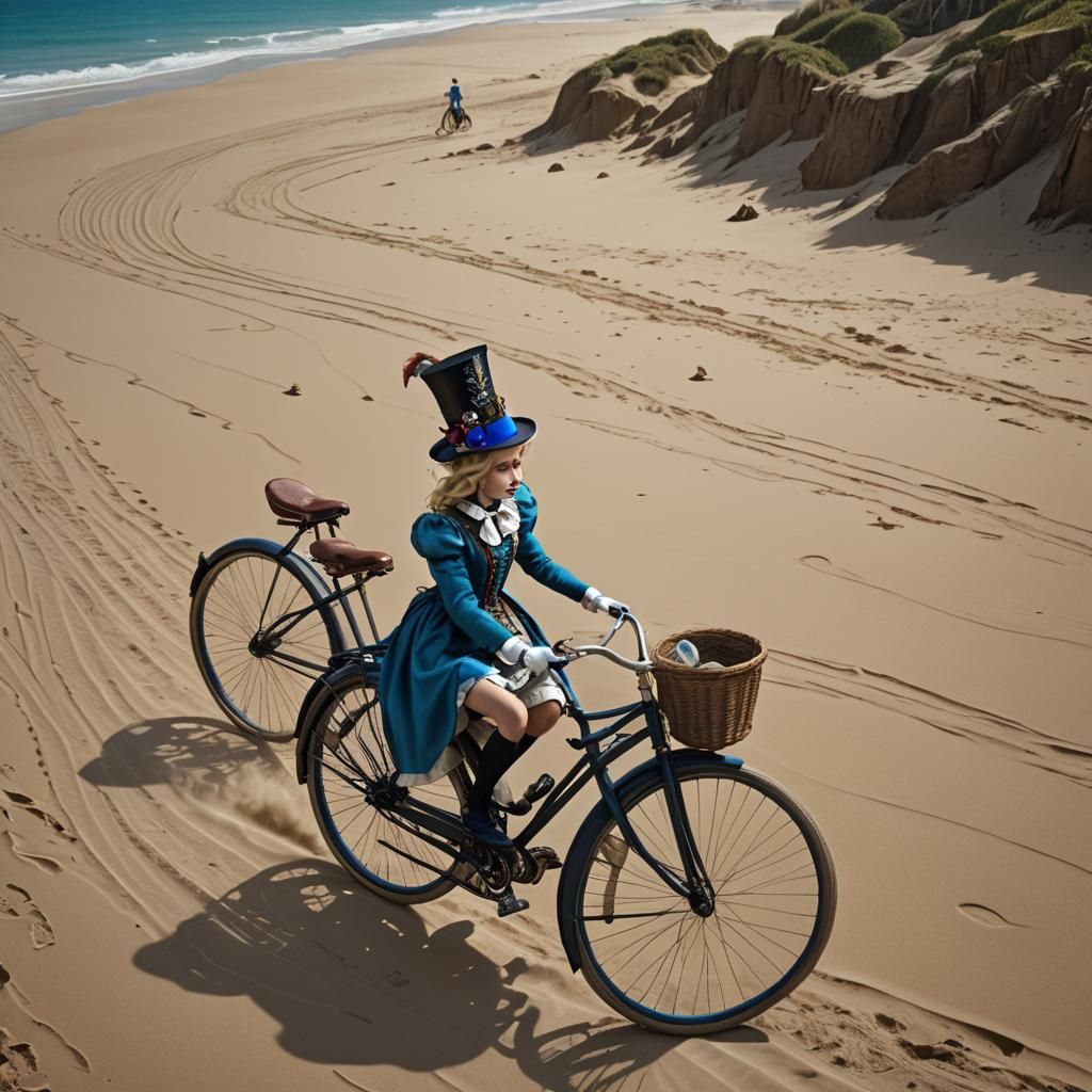 Alice in Wonderland Rides Penny-Farthing on Beach
