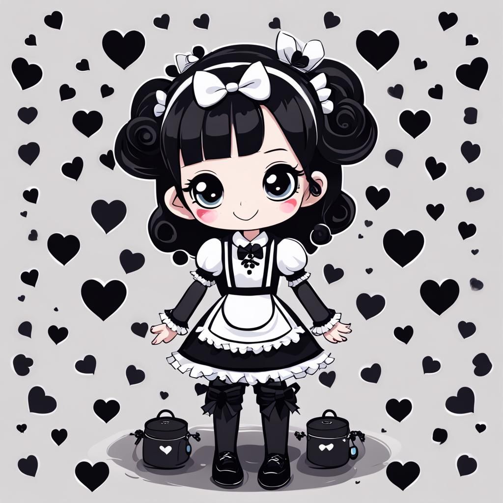 Happy Goth Maid with Heart Accents