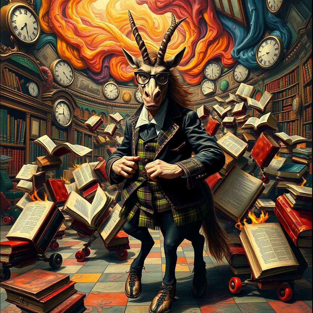 Surrealist Centaur Librarian Confronts Roller-Skating Dictio...