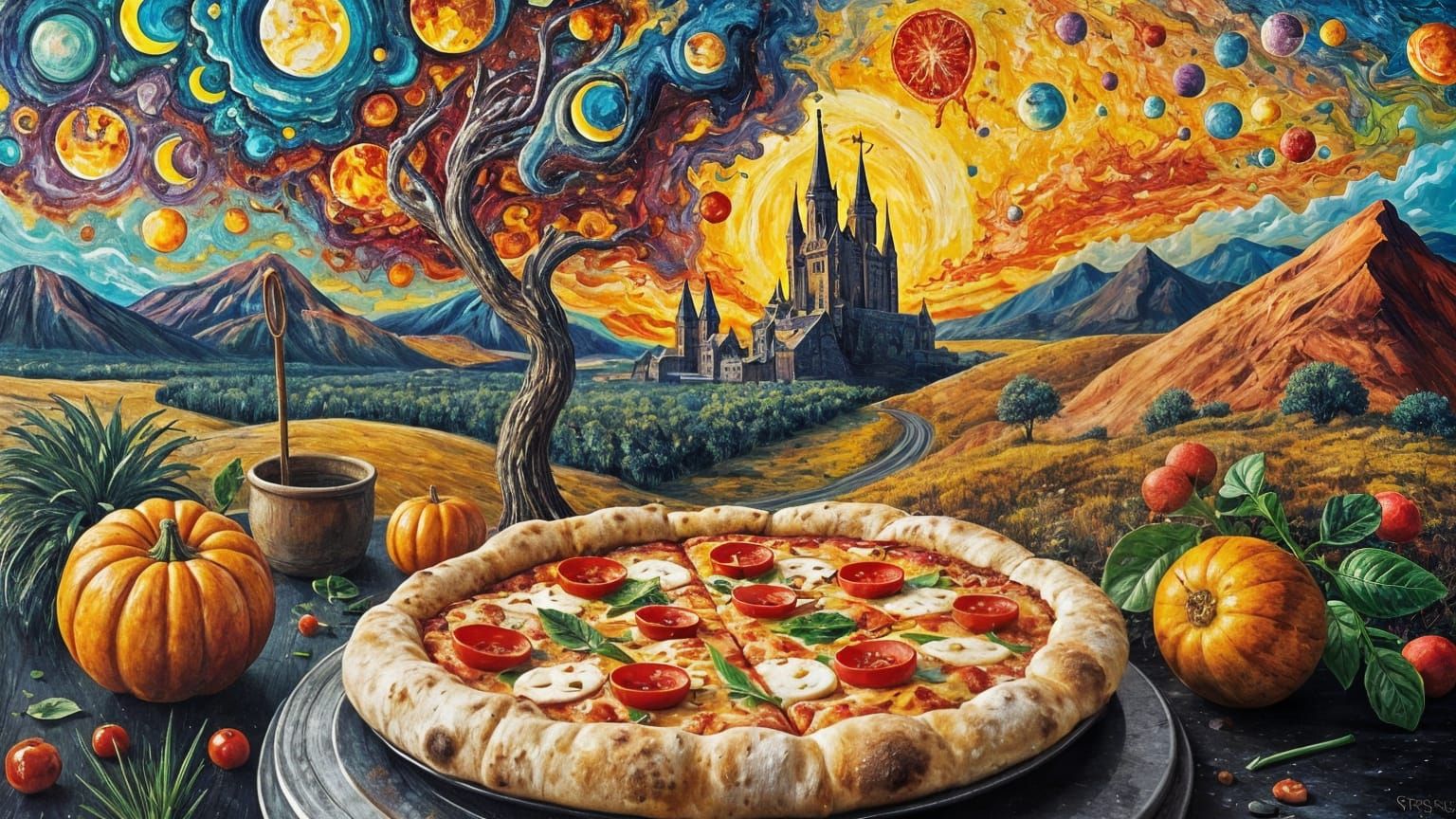 Surreal Pizza Landscape in Impasto Oil Paint
