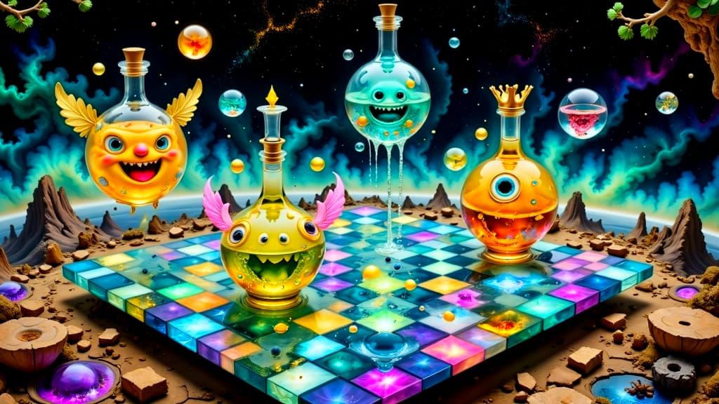 Fantasy Chess Scene with Quirky Potion Bottle Characters