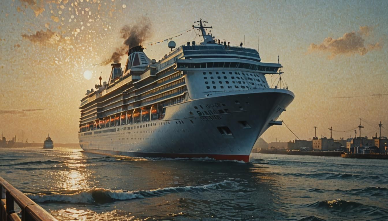 Pointillist Cruise Ship Departs Port on Sunny Day