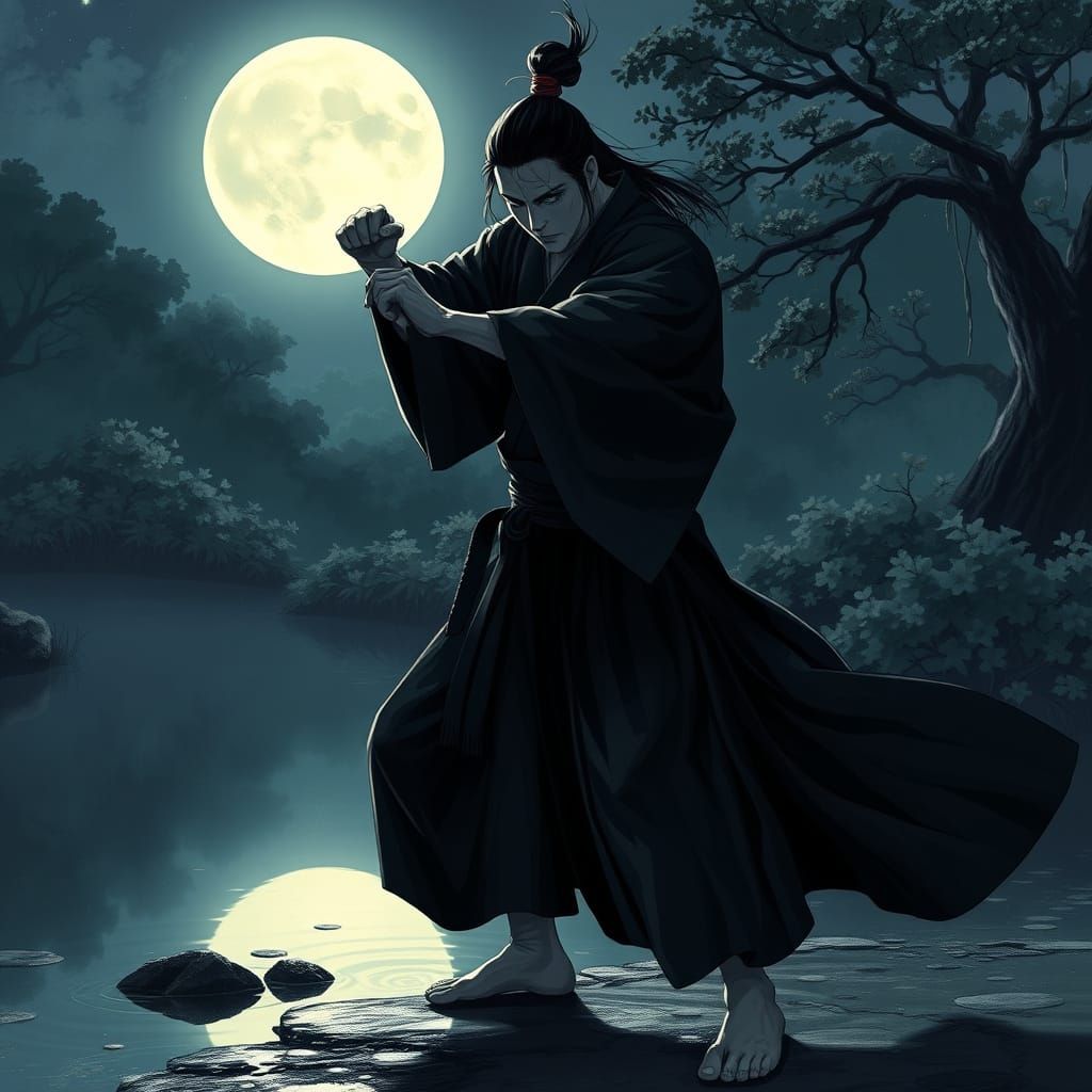 Japanese Man in Moonlit Garden, Anime Style