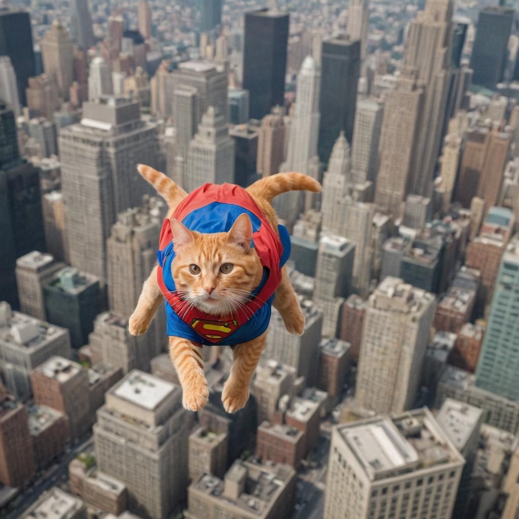 Feline Superman Soars Over the City in Vibrant Style