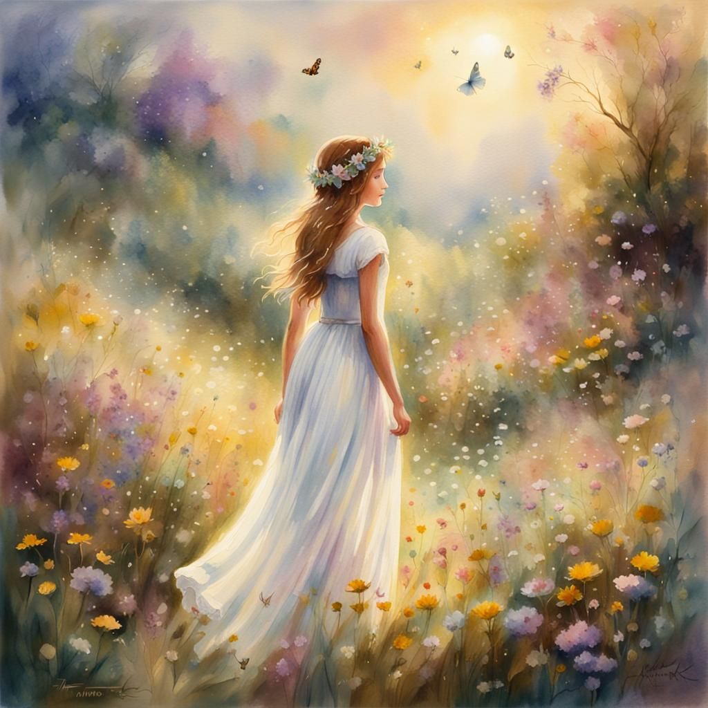 Girl in Wildflowers: Ethereal Watercolour Fantasy Art