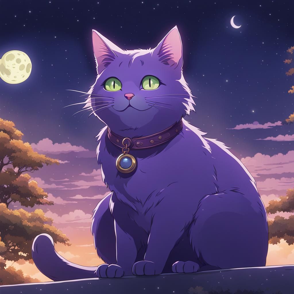 Anime Cat with Moon Collar in Ghibli Style