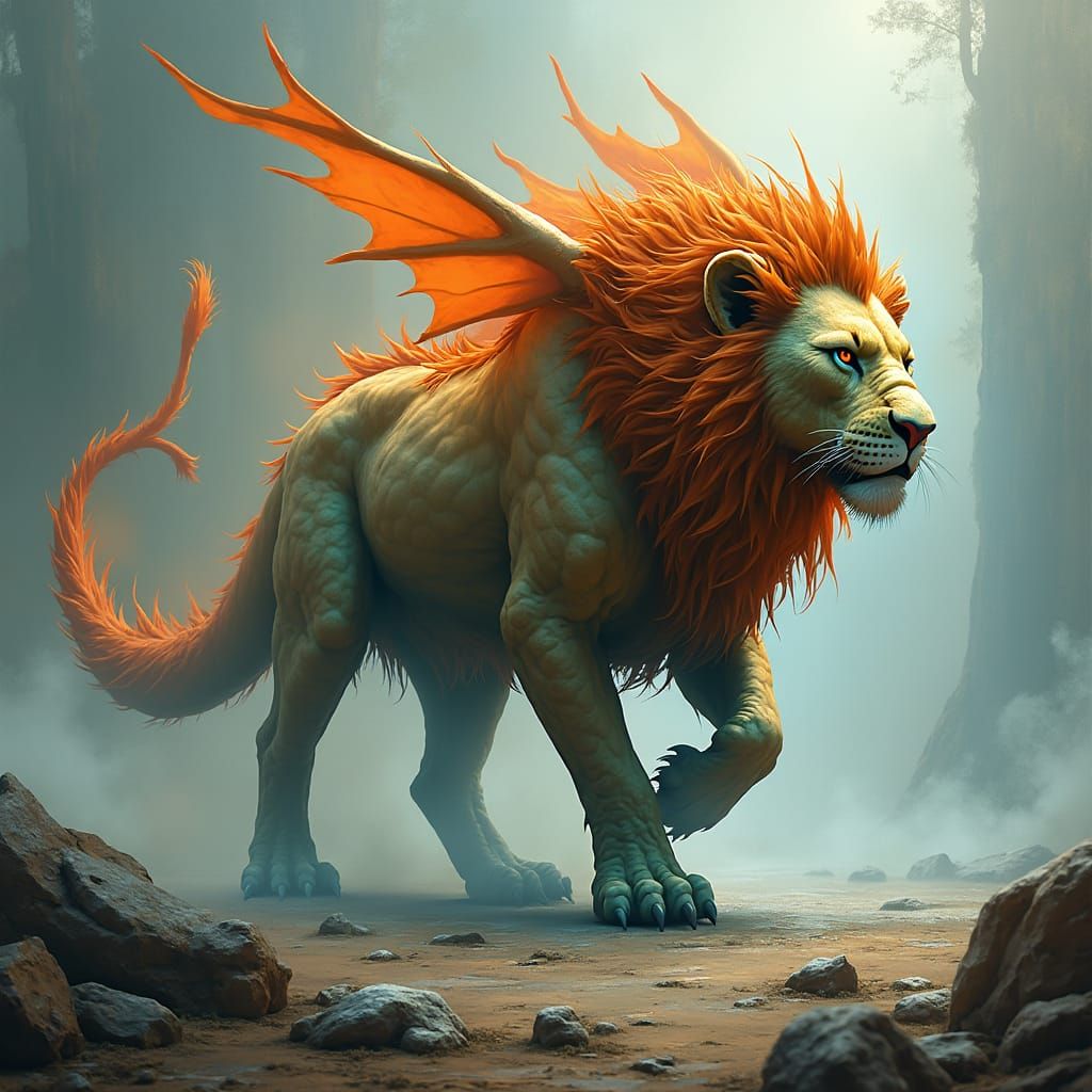 Lion-Dragon Hybrid in Mystical Realm, Fantasy Concept Art