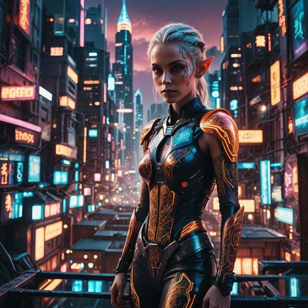Sci-Fi Elf in Neon Cityscape
