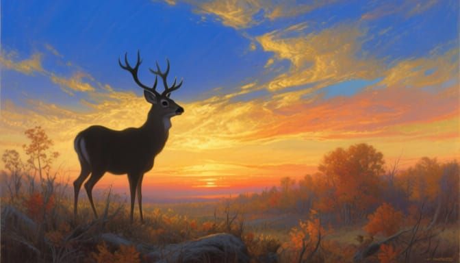 Elegant Deer Silhouetted Against Autumn Sunset Oil Painting