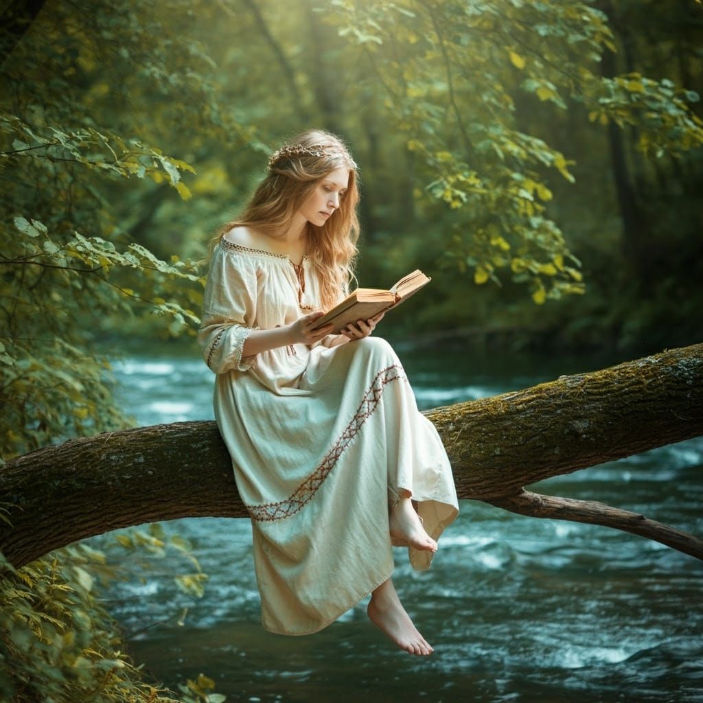 Serene Goddess of the Forest in Whimsical Pre-Raphaelite Sty...