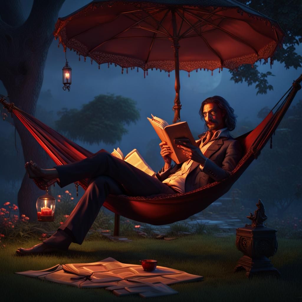 Hippie Dracula Relaxing in Garden, Dark Fantasy Concept Art