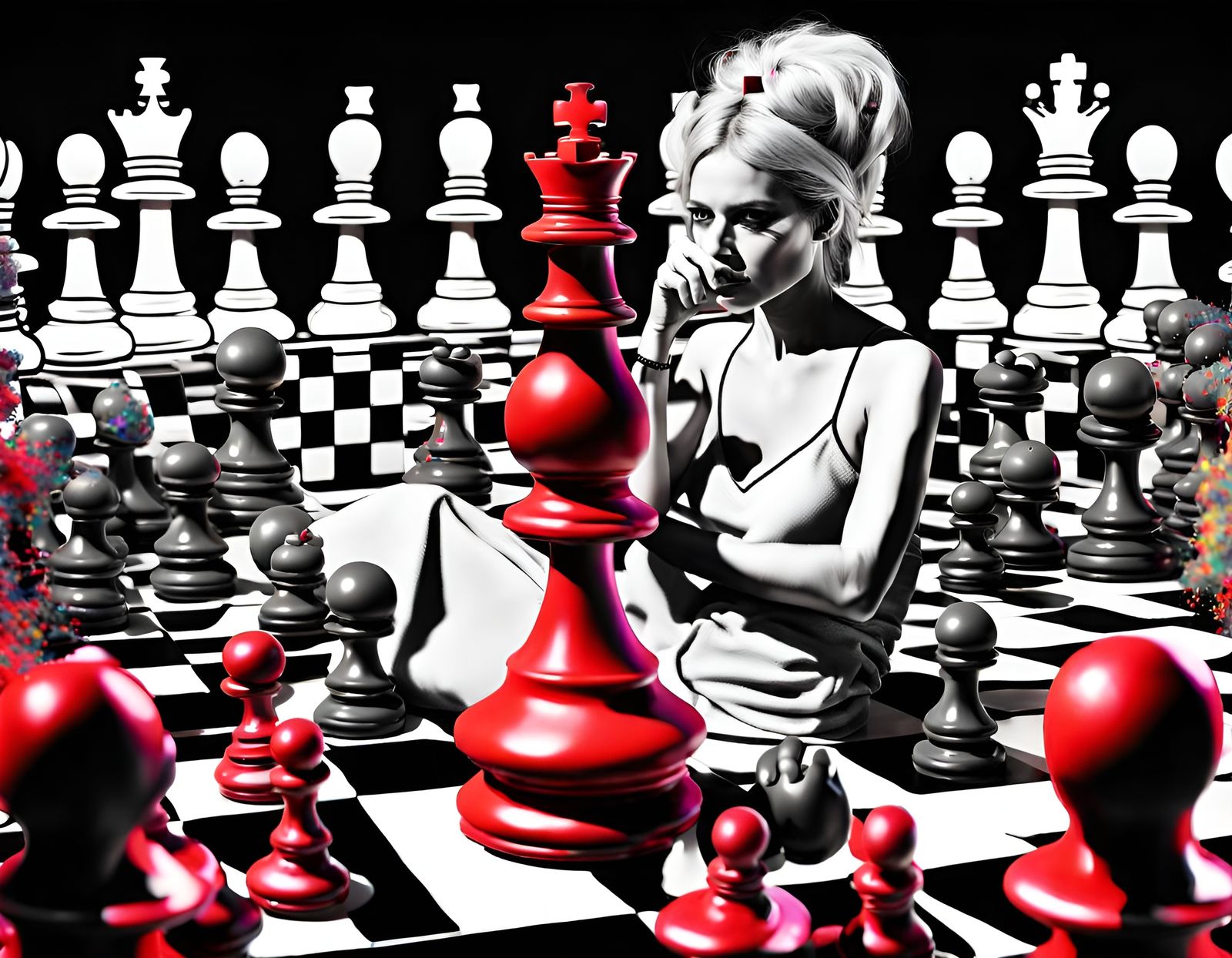 Human Chess Queen in Psychedelic Technicolor Render