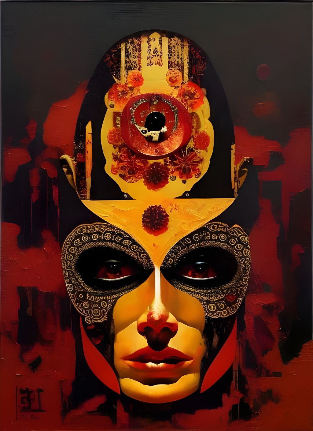 Eerie Hooded Priestess Portrait in Abstract Surrealism