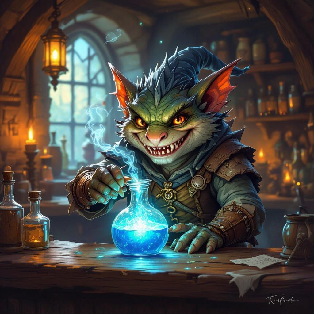 Kobold Bartender Mixes Glowing Potion in Ethereal Tavern