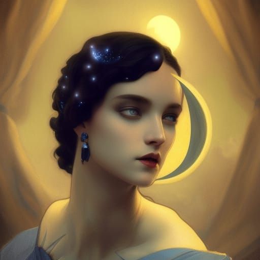 Eerie Gothic Portrait with Roses, Stars and Moon