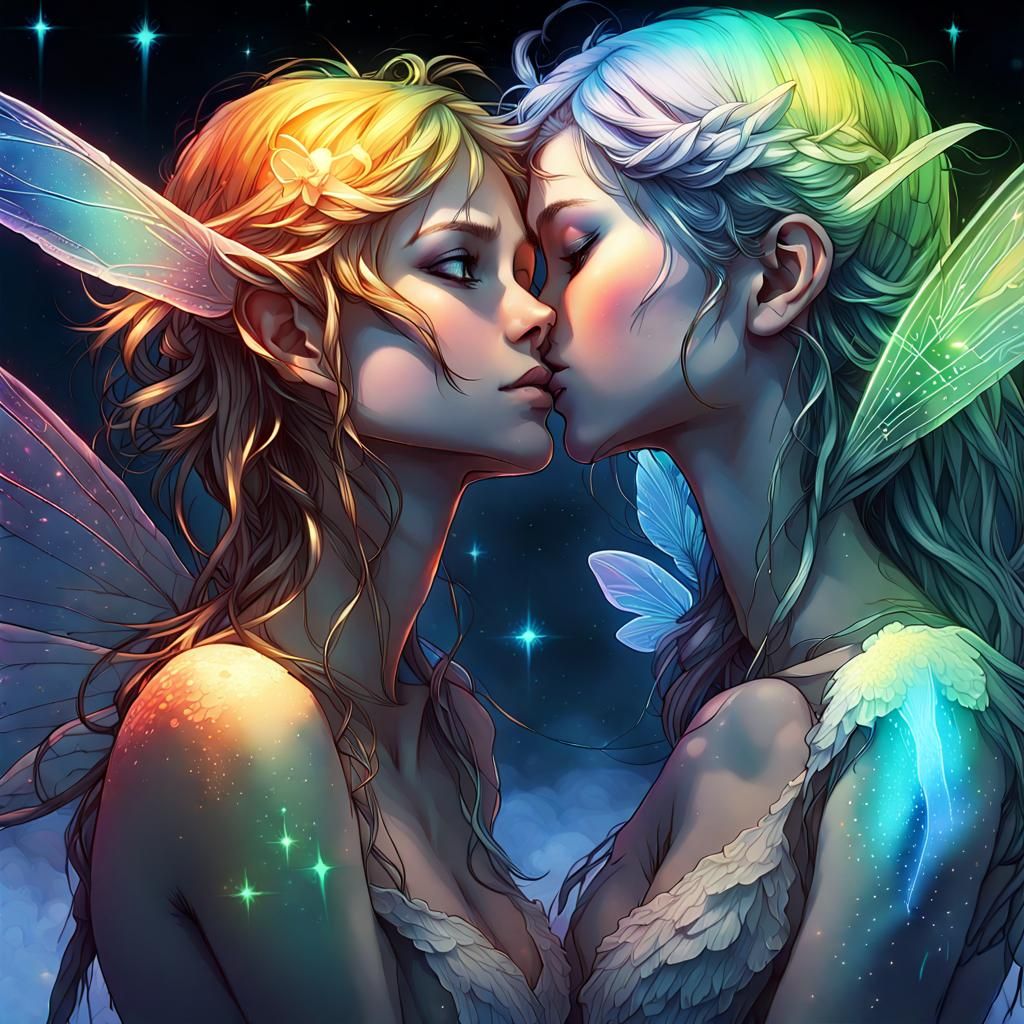 Lesbian Fairies Kissing as Constellations in Rainbow Light