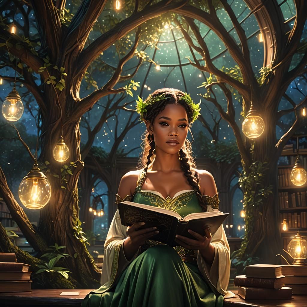 Elven Woman Reading in a Living Tree Library