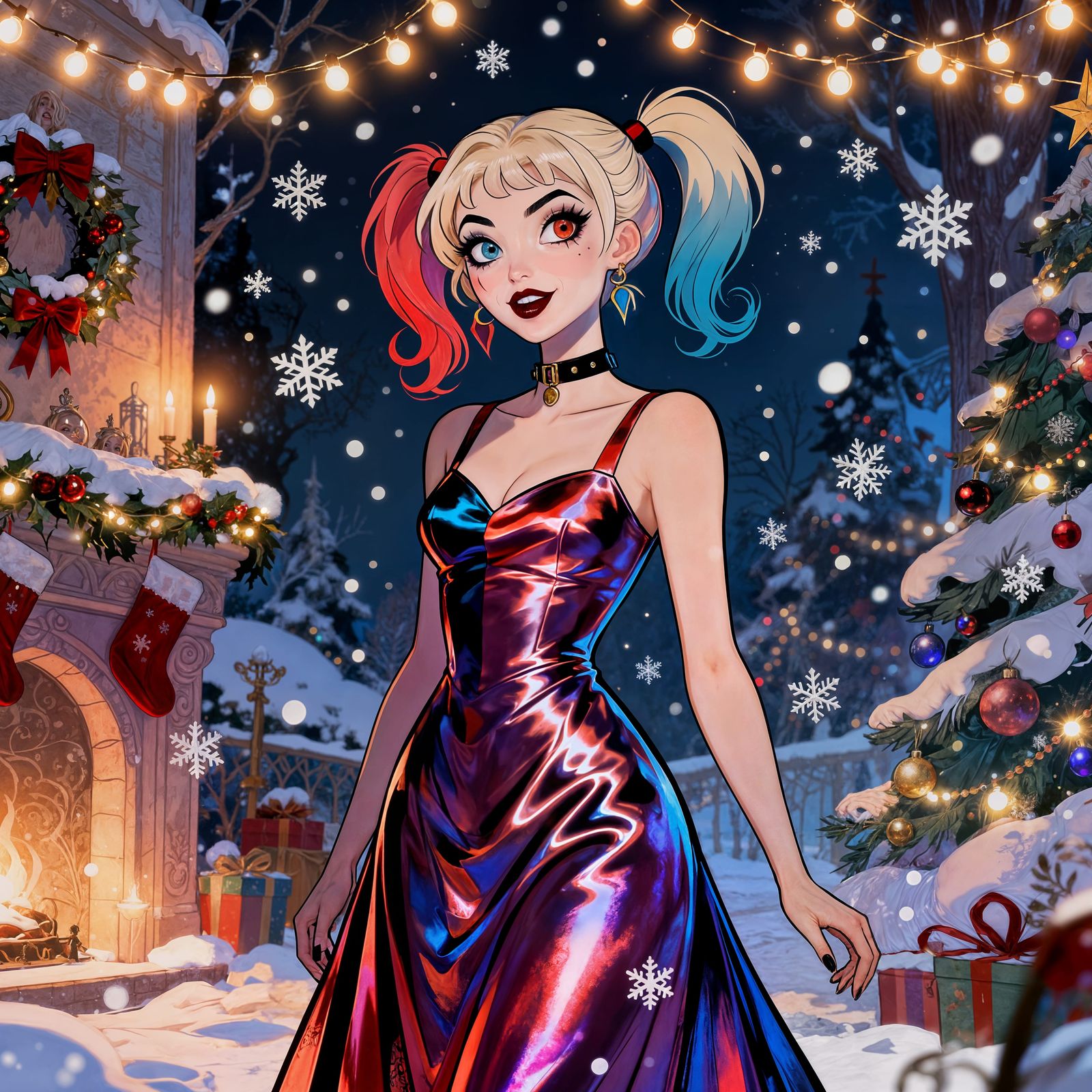 Harley Quinn in a Satin Christmas Dress in Winter Wonderland