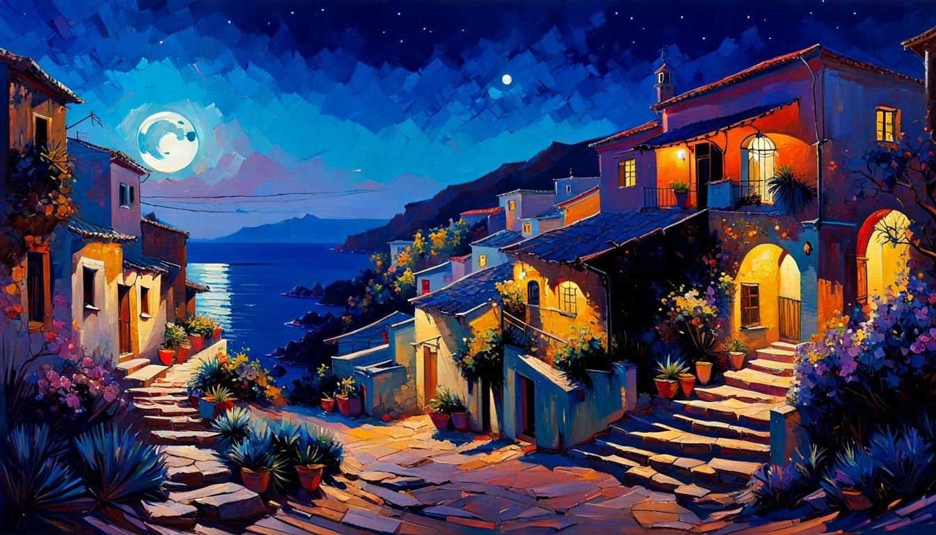 Mediterranean Town Street Acrylic Painting with Starry Sky